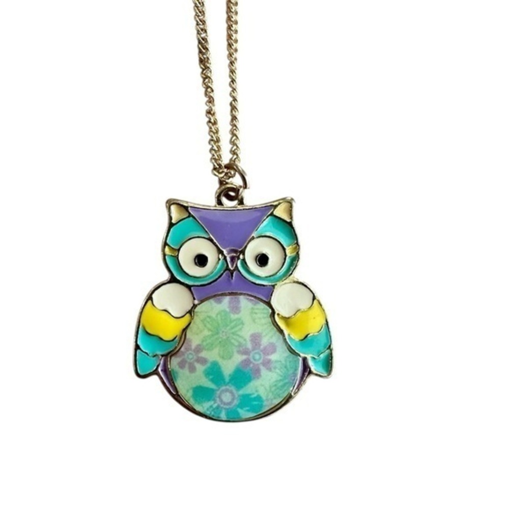 Colorful Owl Pendant Necklace - Gold Tone - Floral Green Purple